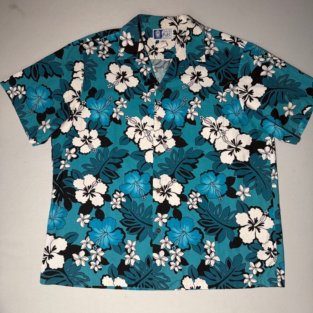 VTG RJC Hawaiian Shirt Mens XL Teal Blue White Hibiscus Floral Cotton Aloha USA